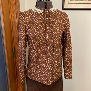 Vintage Brown Calico Print Lace Collar Western Shirt 9 Juniors